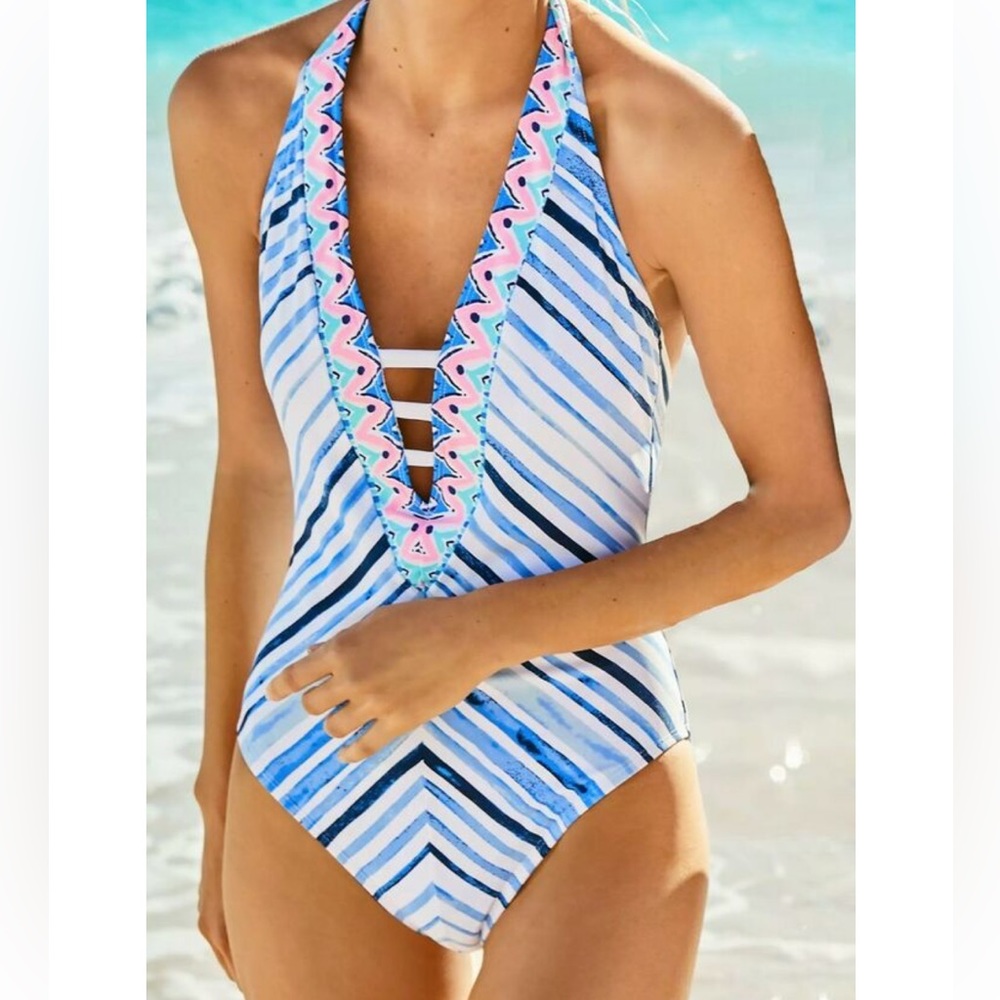 Lilly Pulitzer Loraline Seaside Vibes Stripe Lattice Halter One Piece Swimsuit